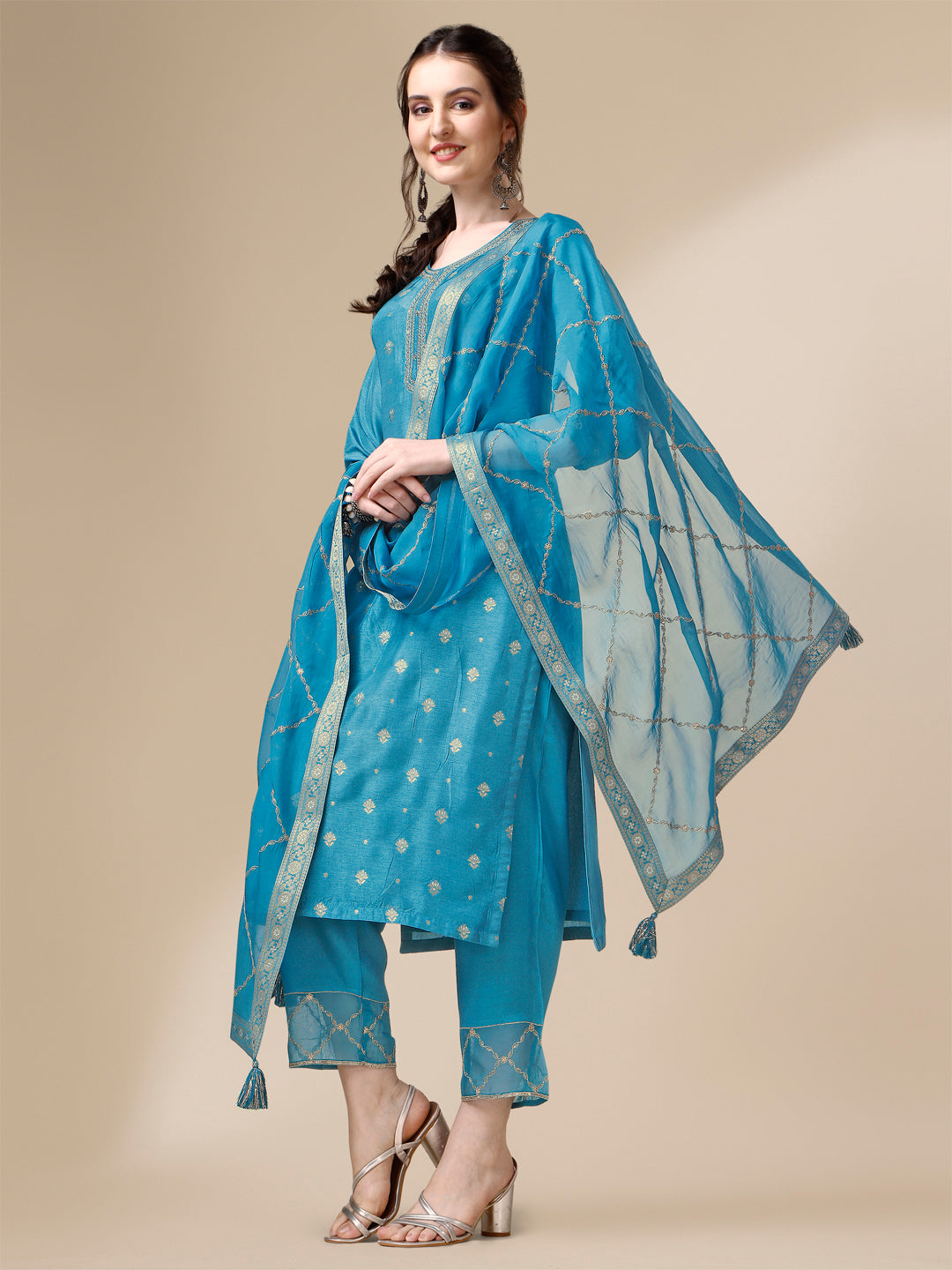 Teal Jacquard Kurta Suit Set Product vendor