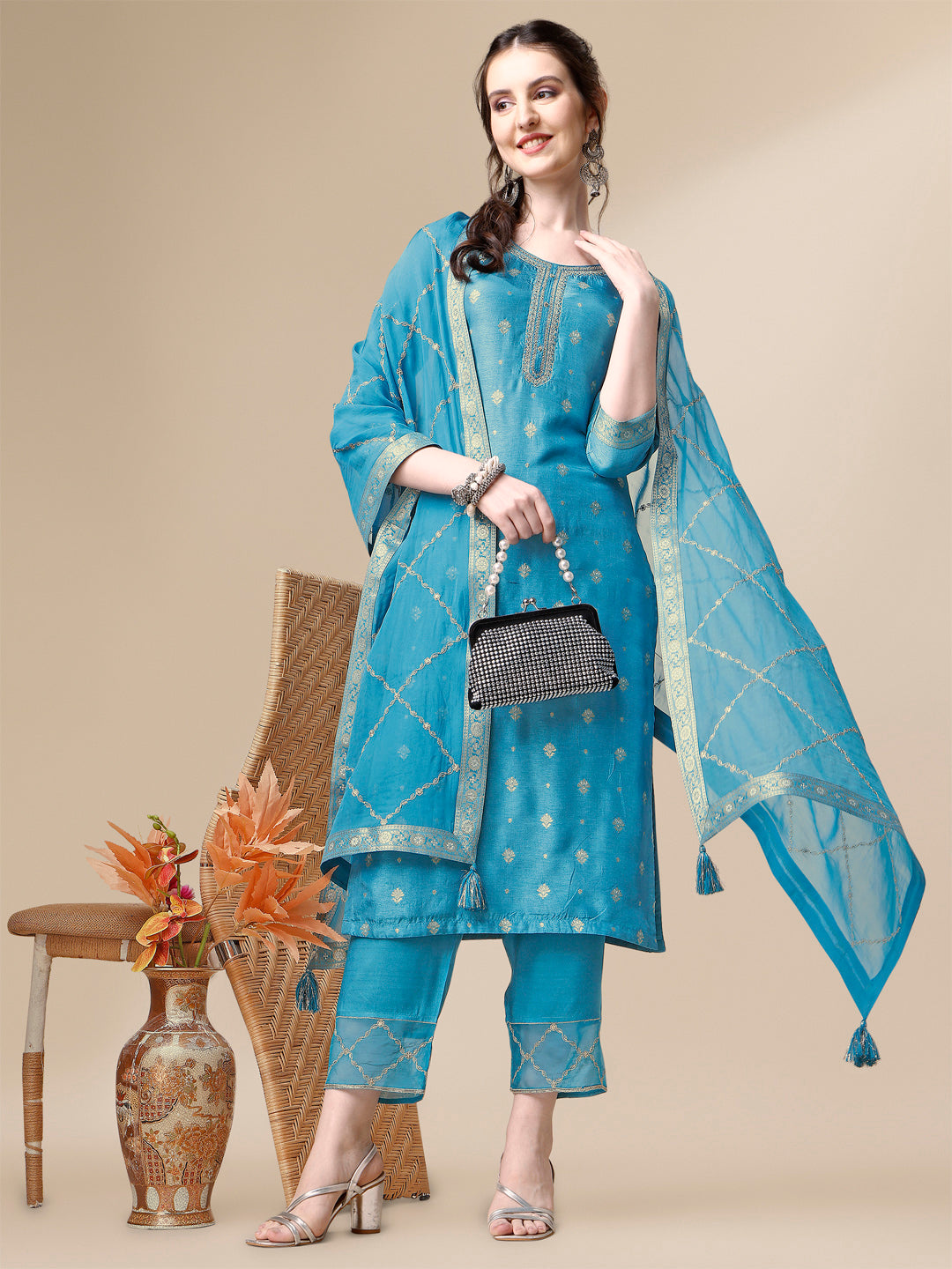 Teal Jacquard Kurta Suit Set Product vendor