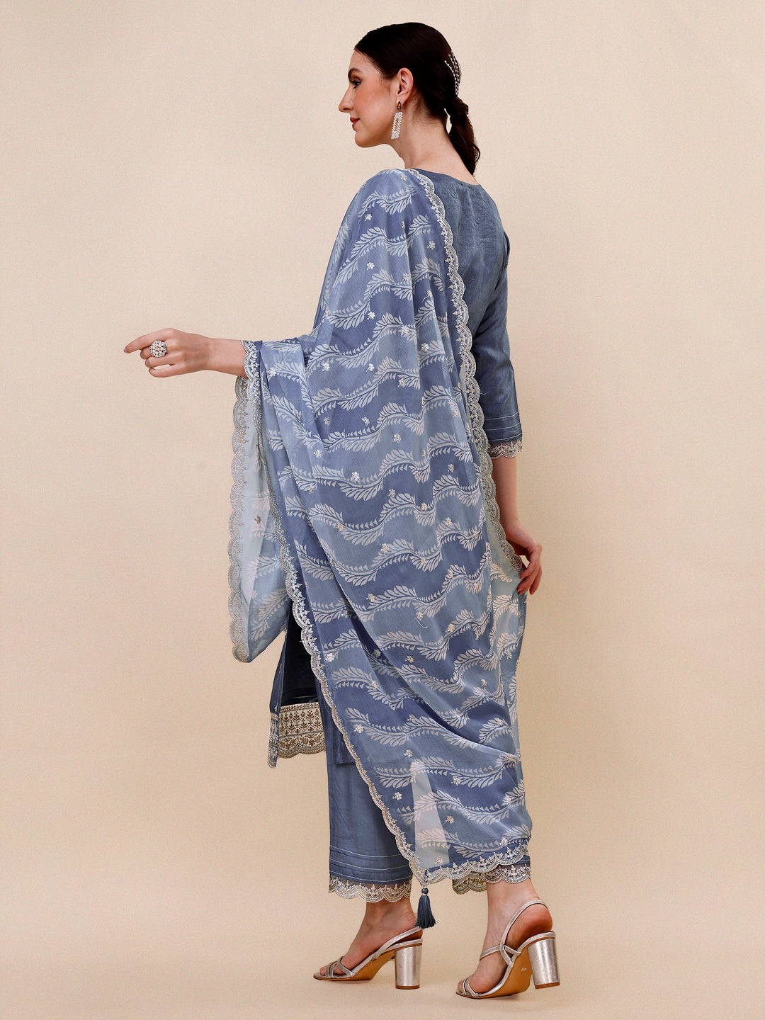Mist Blue Embroidered Neckline Dola Silk Kurta Suit Set with Lehariya Print Dupatta Product vendor