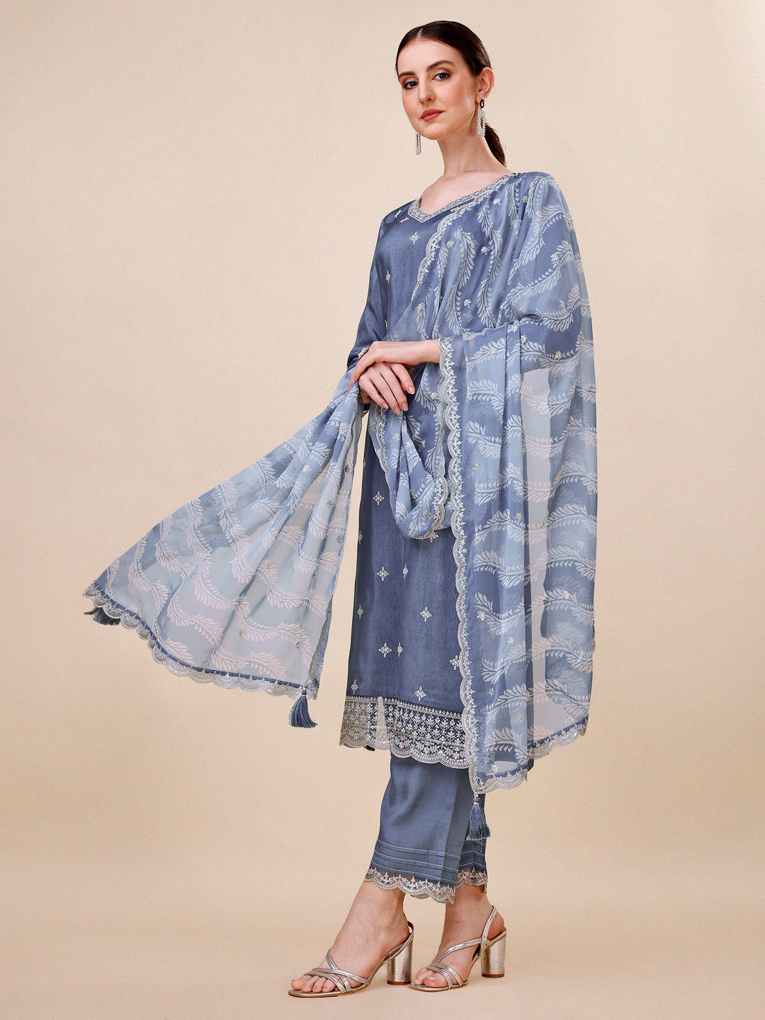 Mist Blue Embroidered Neckline Dola Silk Kurta Suit Set with Lehariya Print Dupatta Product vendor