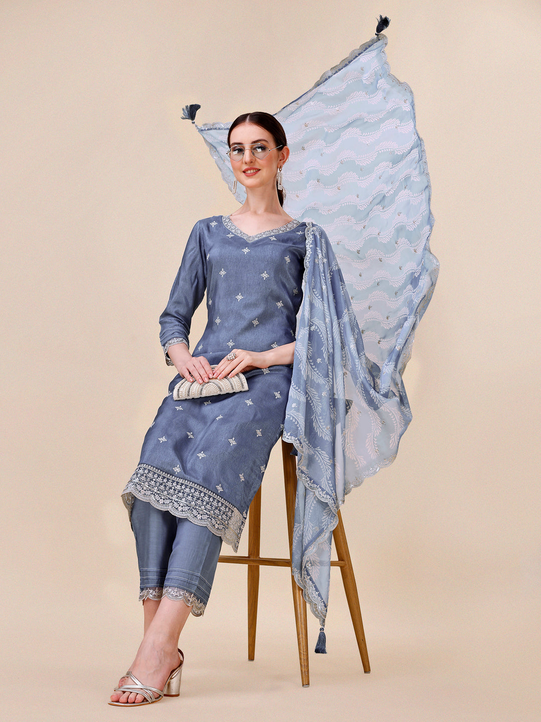 Mist Blue Embroidered Neckline Dola Silk Kurta Suit Set with Lehariya Print Dupatta Product vendor