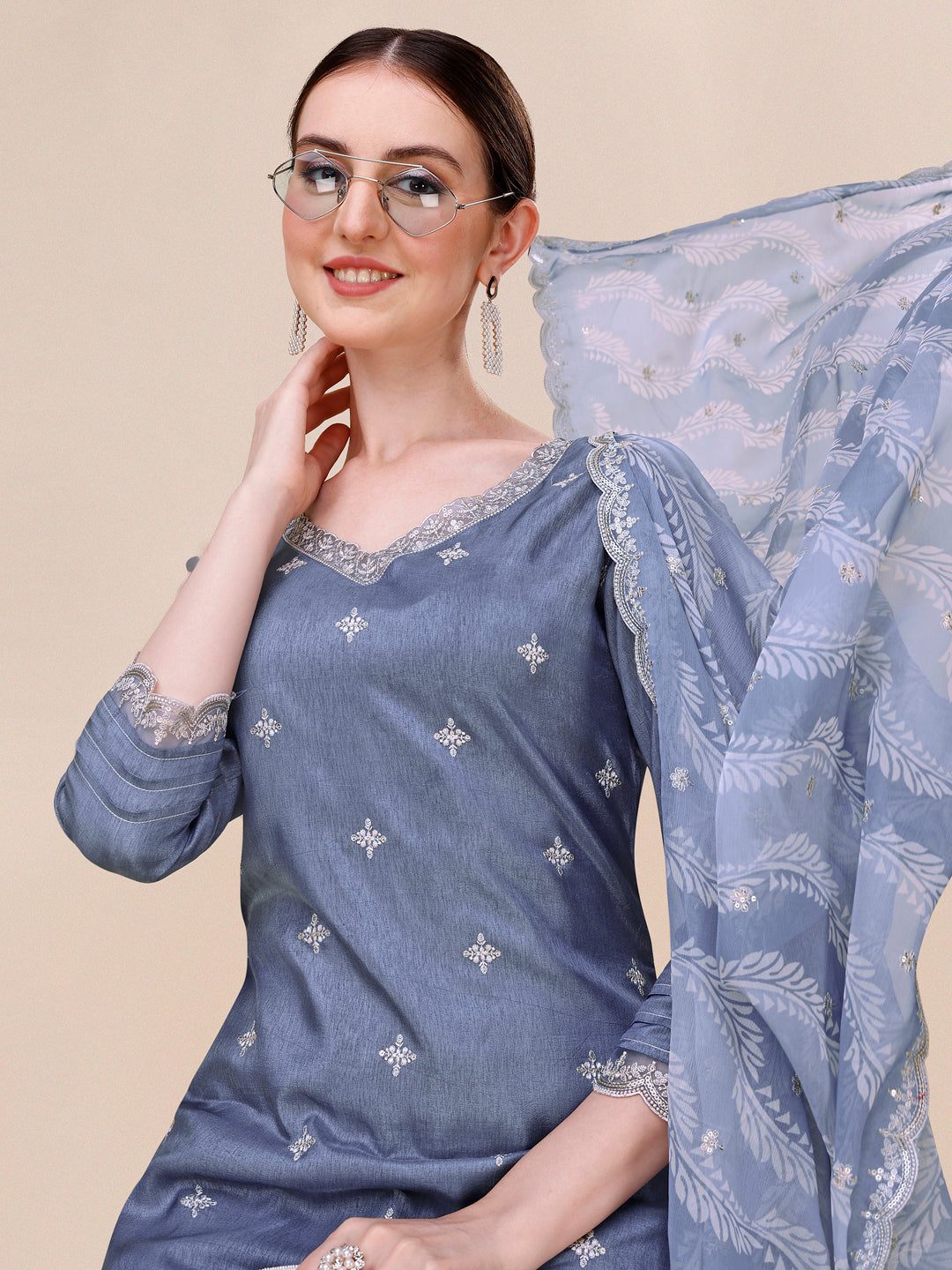 Mist Blue Embroidered Neckline Dola Silk Kurta Suit Set with Lehariya Print Dupatta Product vendor
