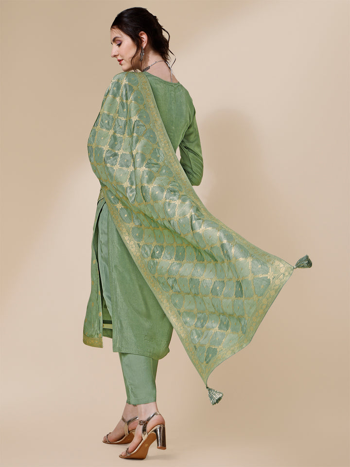 Green Jacquard Kurta Suit Set with Rangkat Dupatta Product vendor