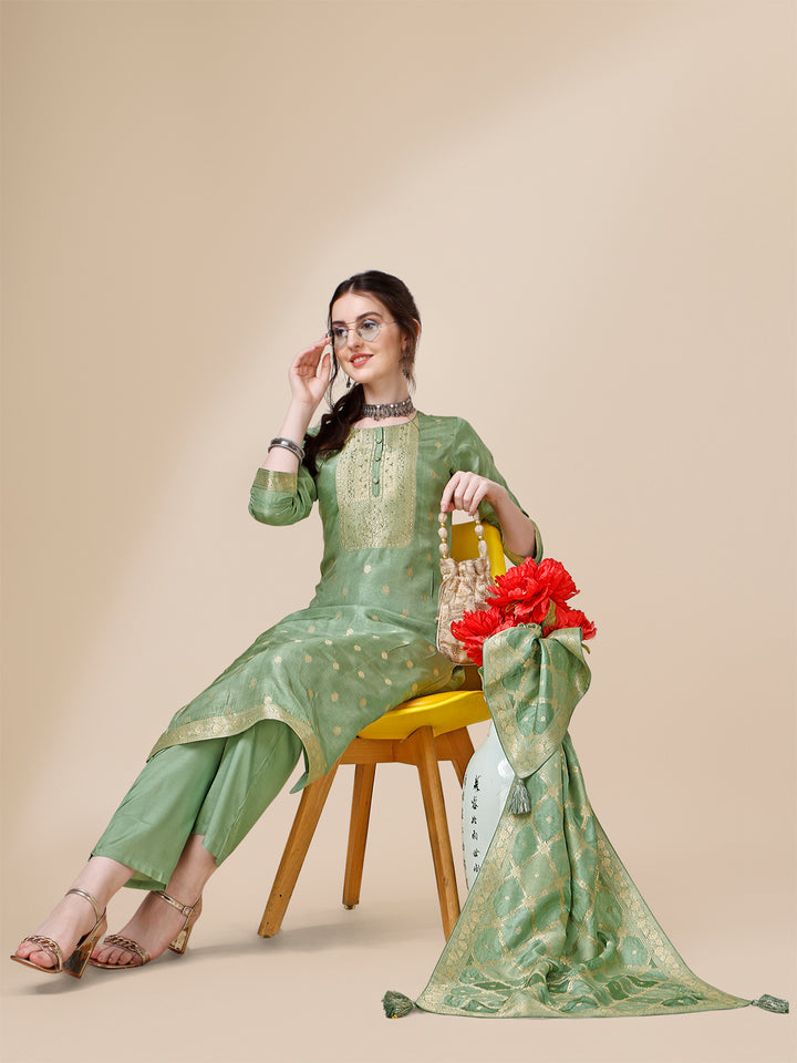 Green Jacquard Kurta Suit Set with Rangkat Dupatta Product vendor