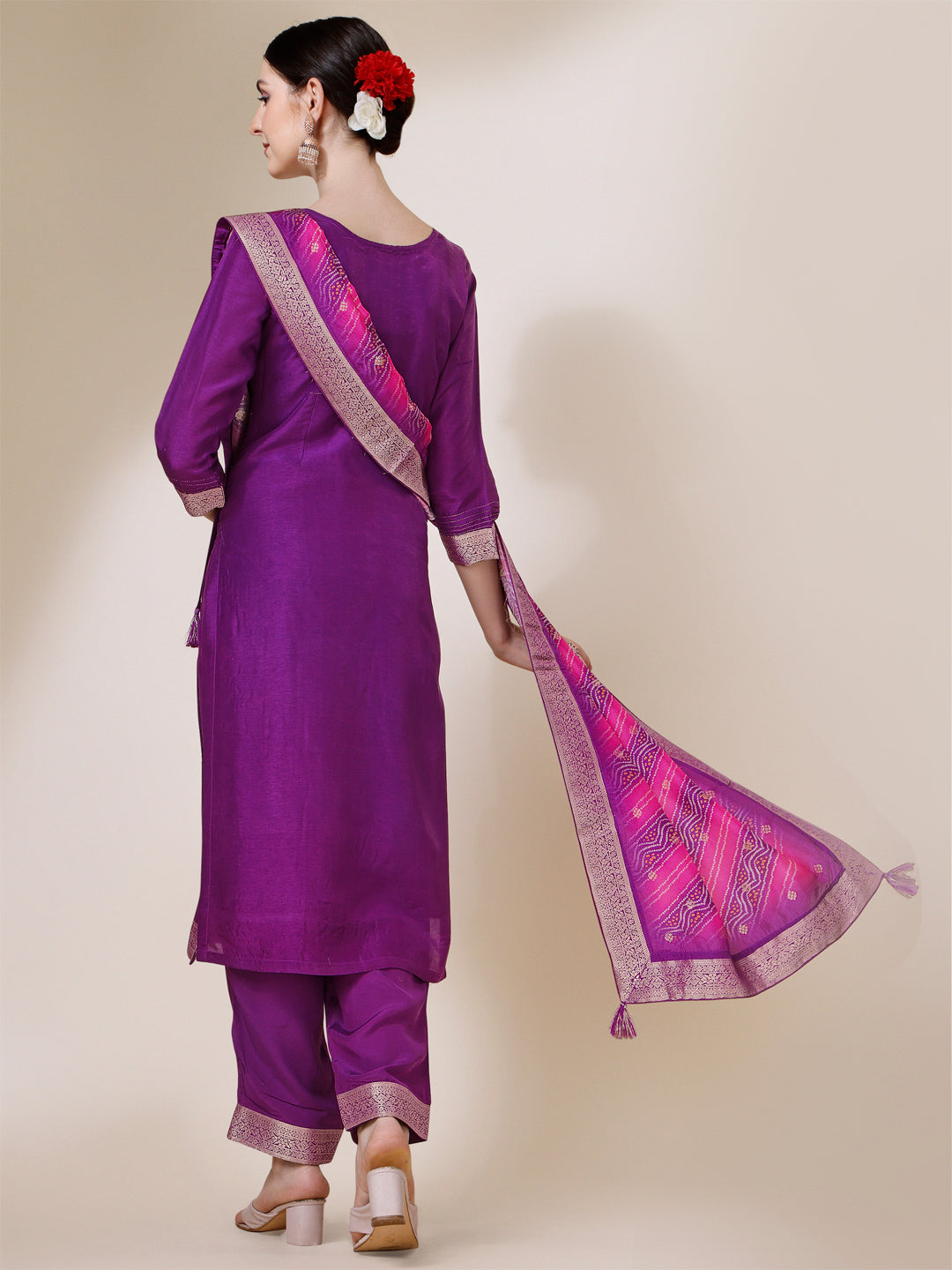 Purple Jacquard Kurta Suit Set with Bandhani Printed Dupatta Product vendor