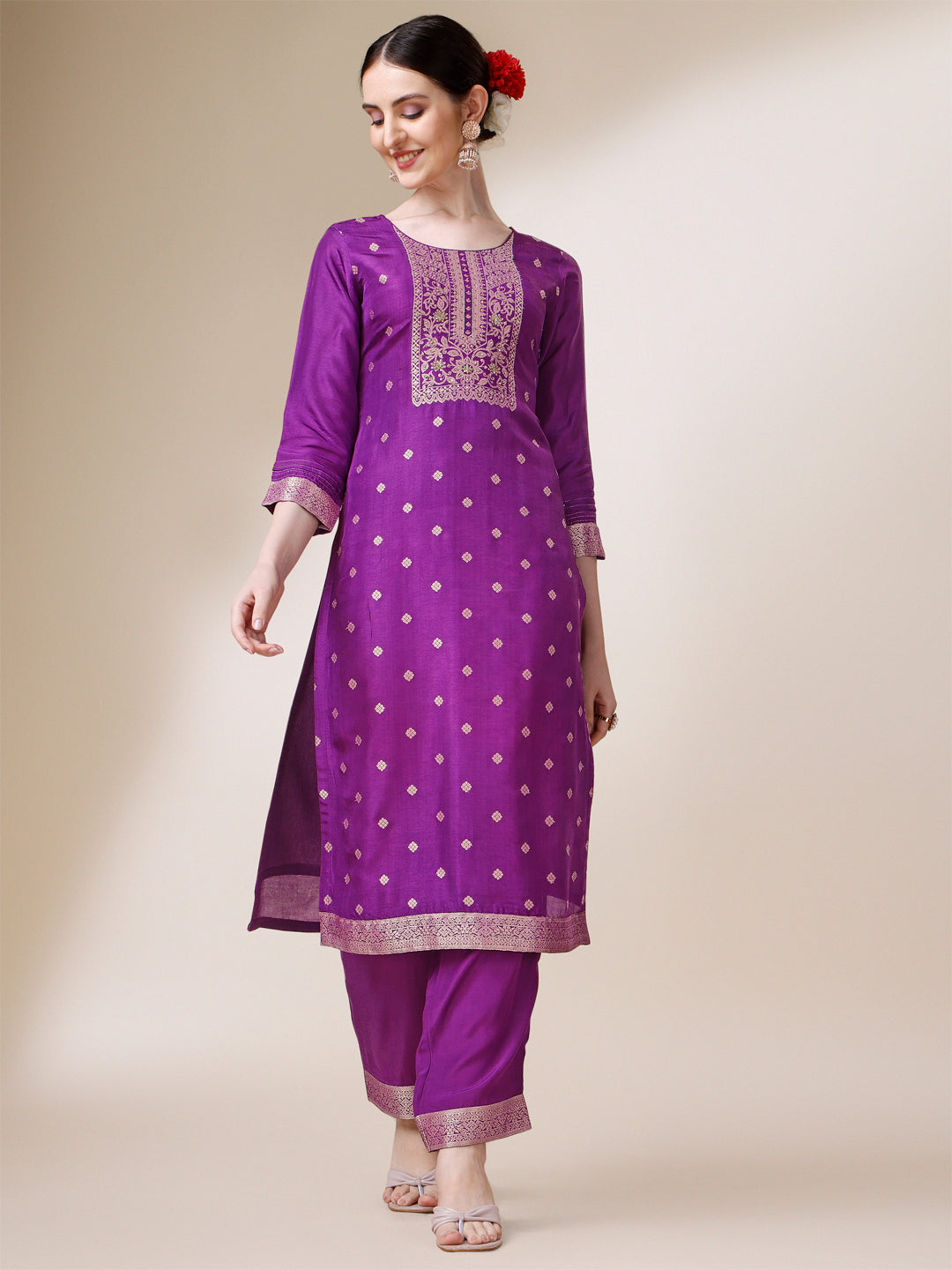 Purple Jacquard Kurta Suit Set with Bandhani Printed Dupatta Product vendor