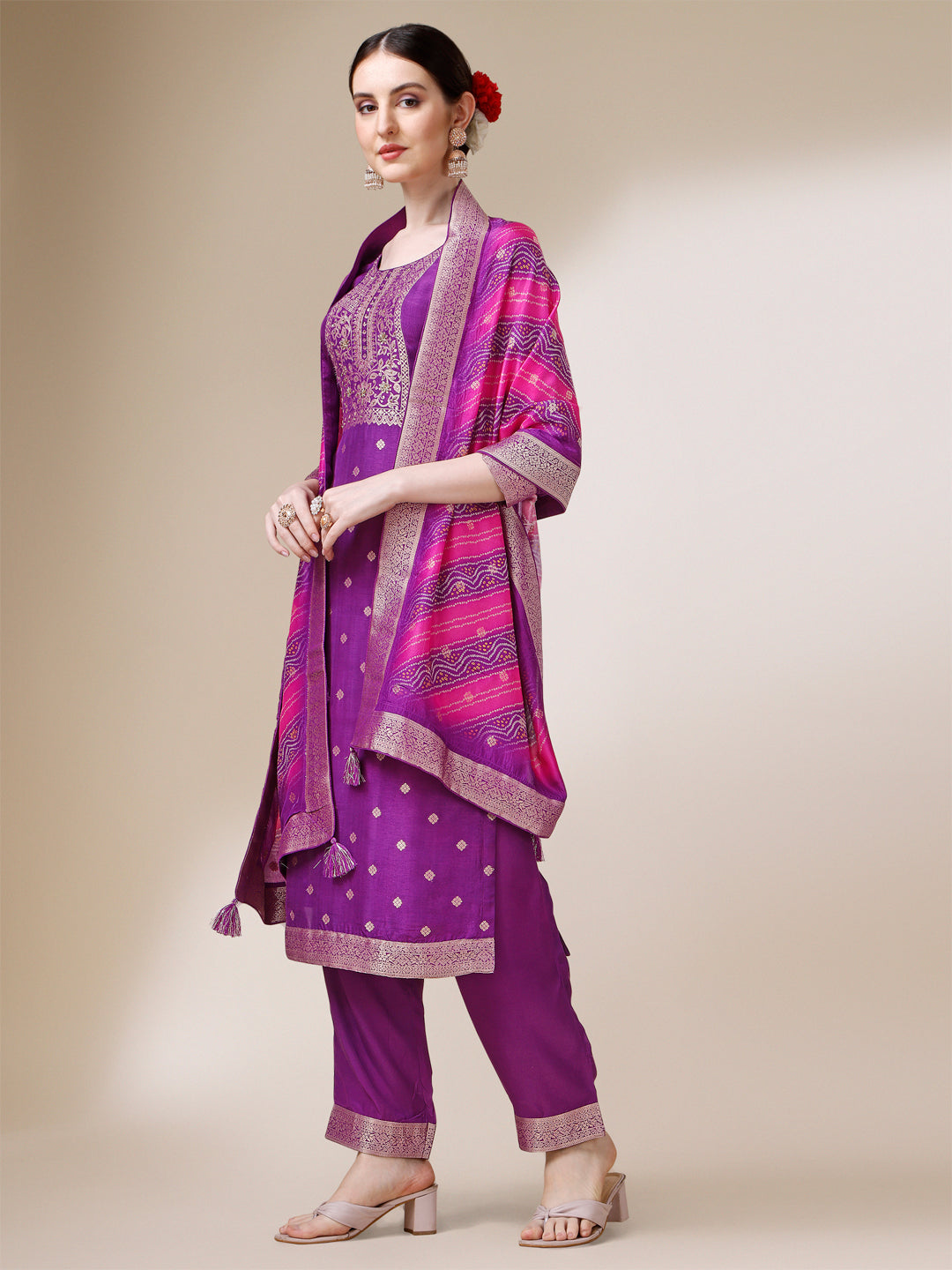 Purple Jacquard Kurta Suit Set with Bandhani Printed Dupatta Product vendor