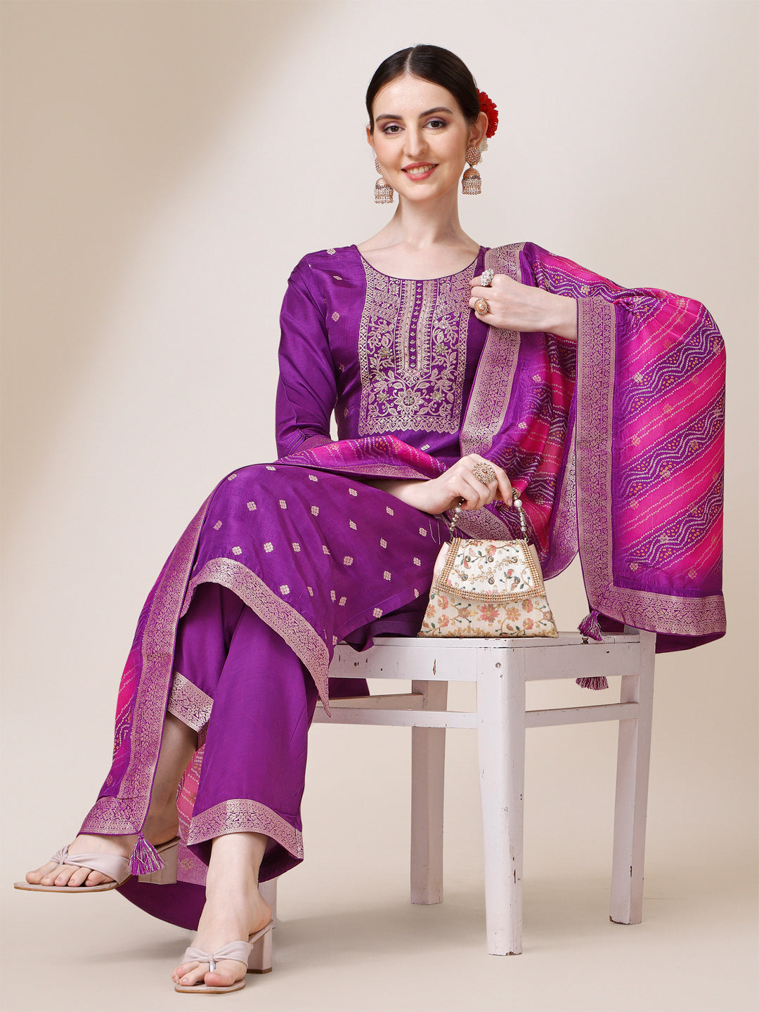 Purple Jacquard Kurta Suit Set with Bandhani Printed Dupatta Product vendor