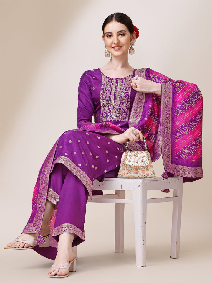 Purple Jacquard Kurta Suit Set with Bandhani Printed Dupatta Product vendor