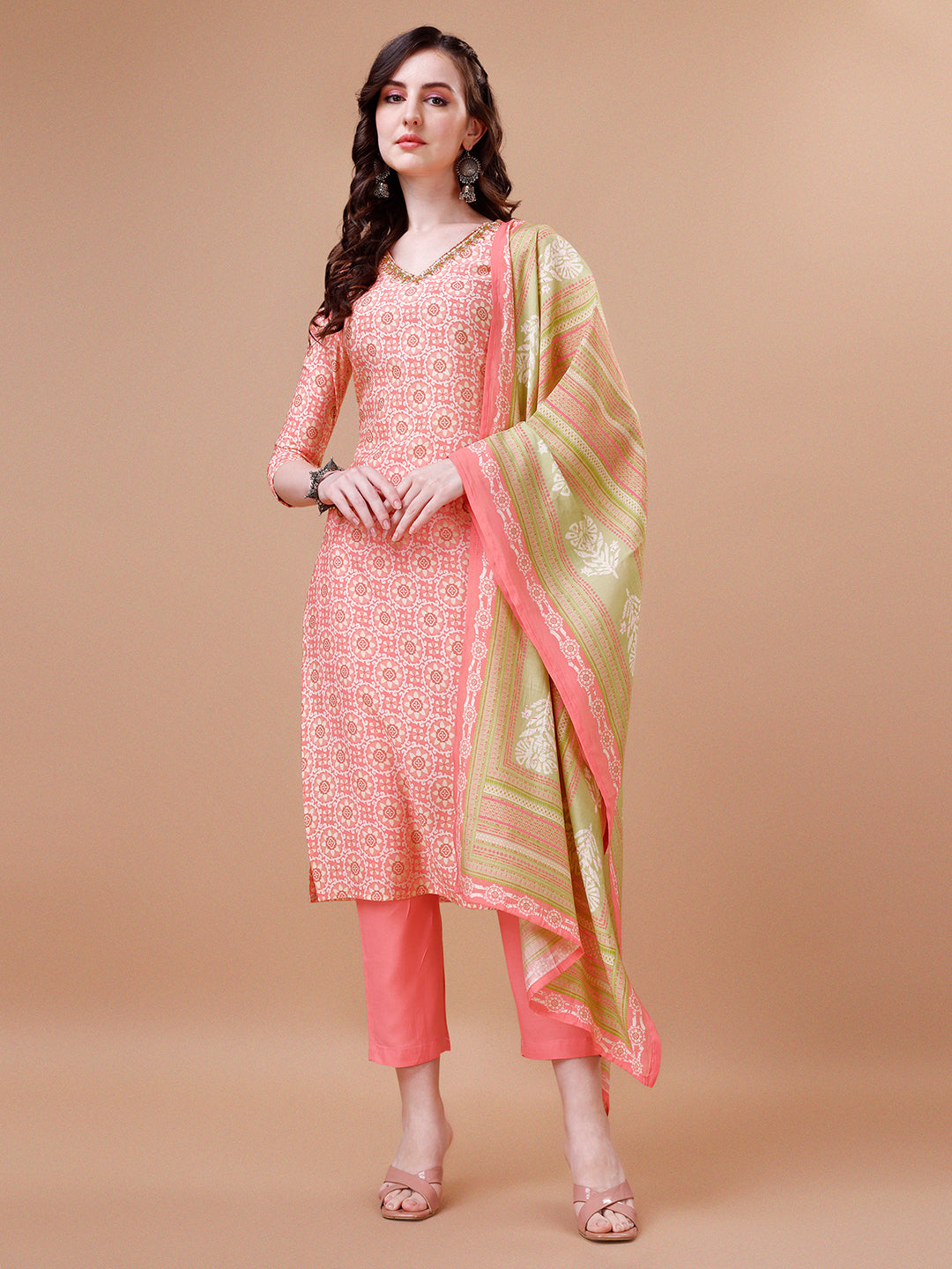 Peach Printed Kurta Suit Set Product vendor