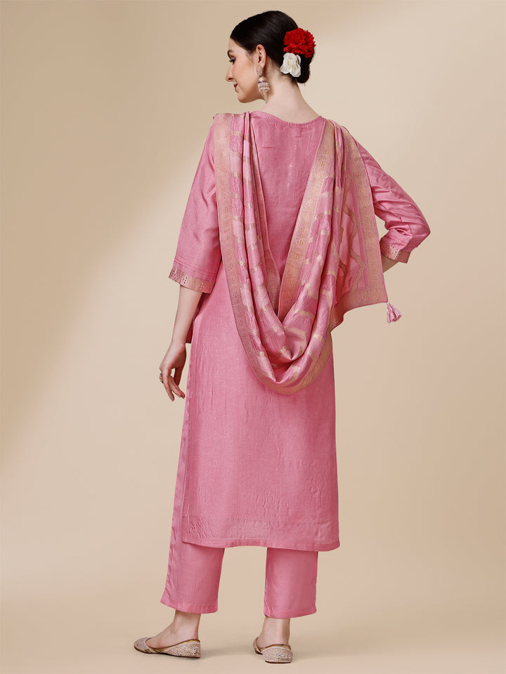 Pink Jacquard Kurta Suit Set with Rangkat Dupatta Product vendor