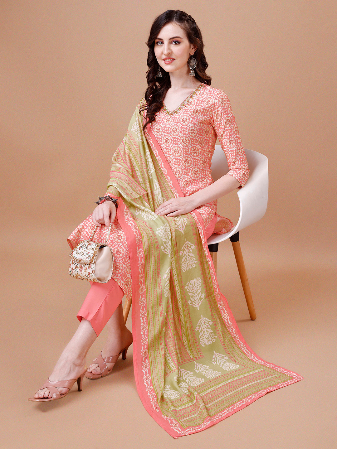 Peach Printed Kurta Suit Set Product vendor