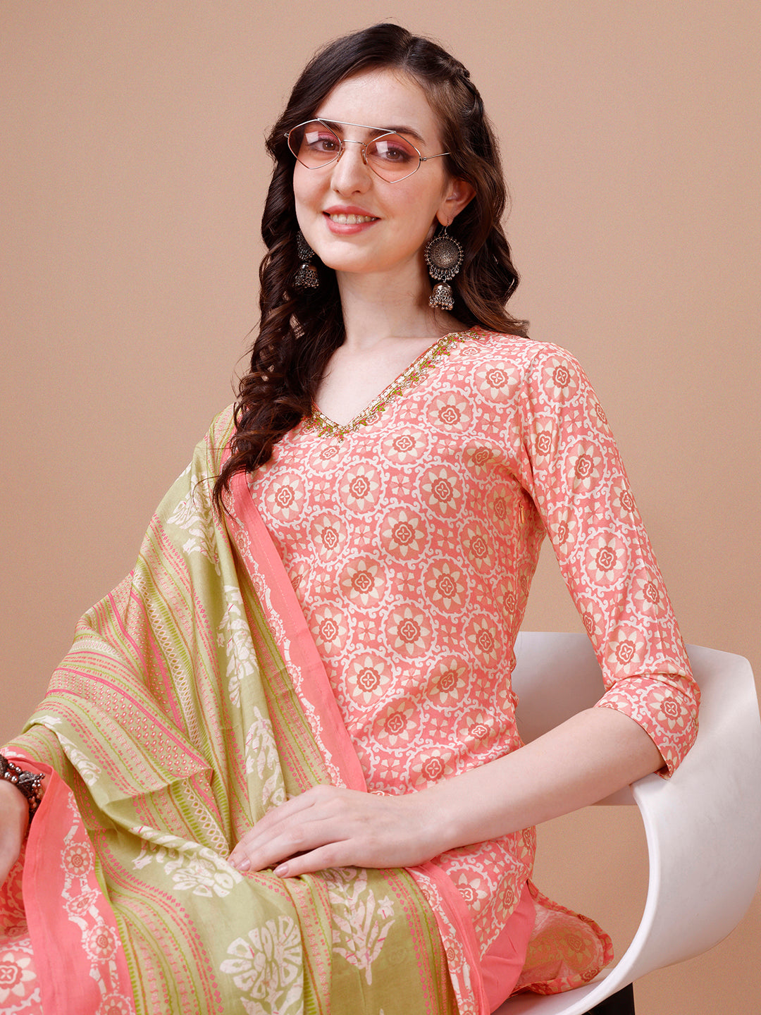 Peach Printed Kurta Suit Set Product vendor