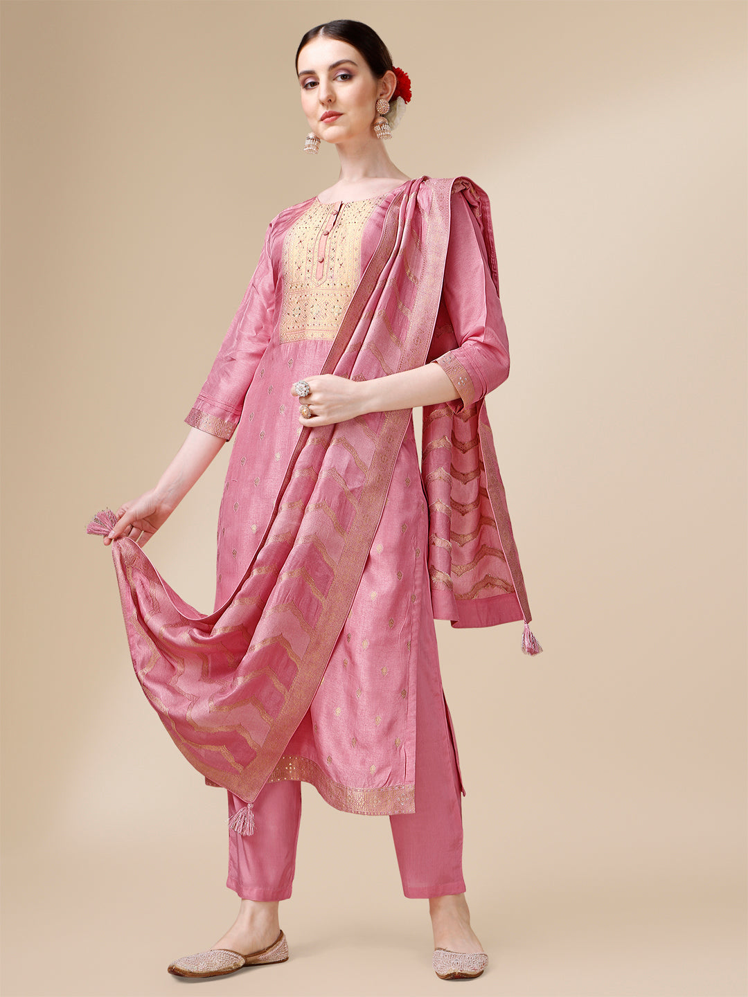 Pink Jacquard Kurta Suit Set with Rangkat Dupatta Product vendor