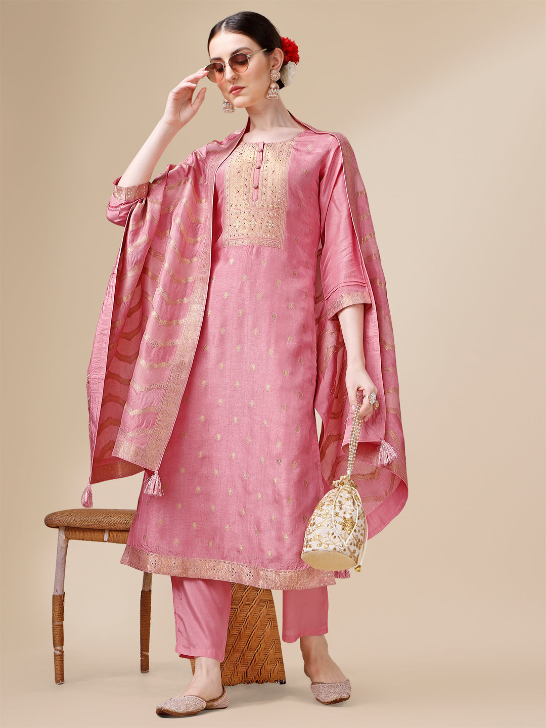Pink Jacquard Kurta Suit Set with Rangkat Dupatta Product vendor