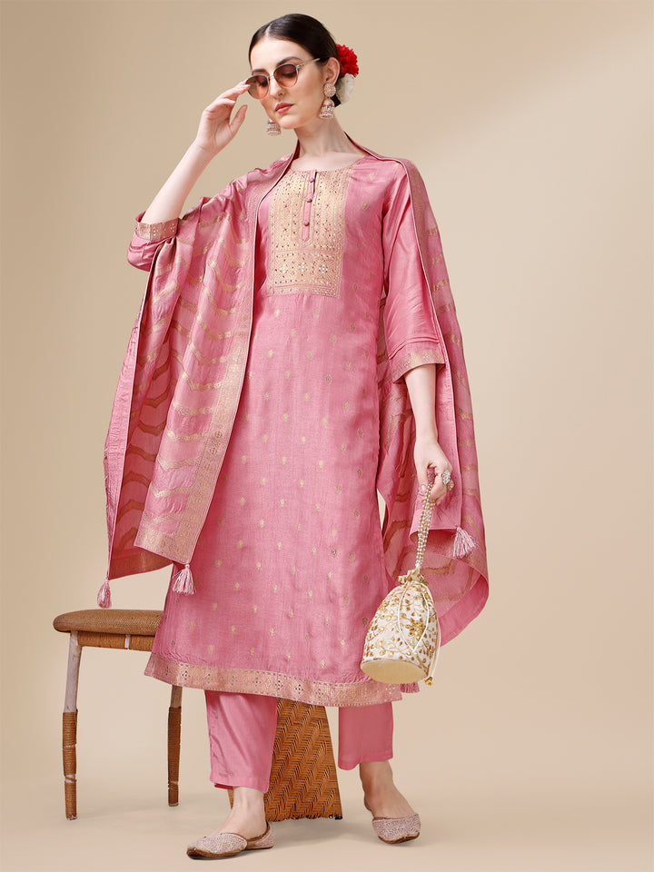 Pink Jacquard Kurta Suit Set with Rangkat Dupatta Product vendor