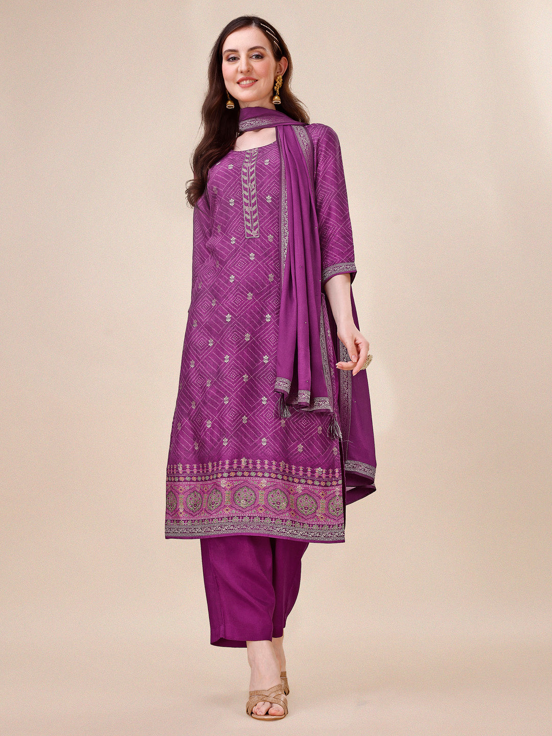 Wine Bandhani Print Jacquard Kurta Suit Set Product vendor