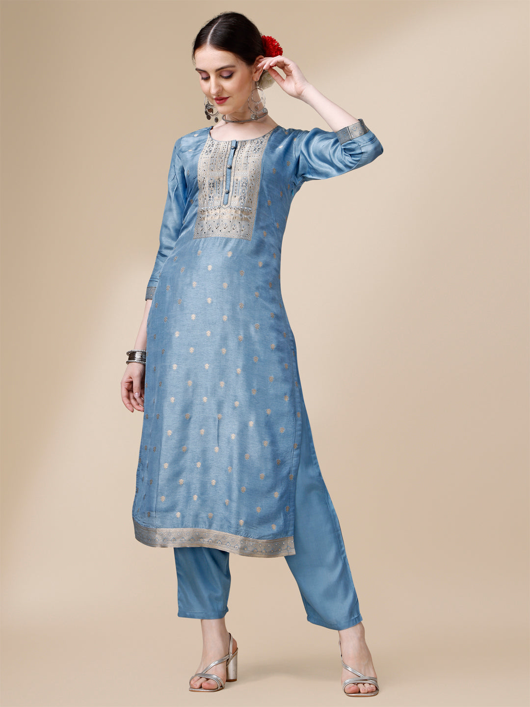 Blue Jackquard Kurta Suit Set with Rangkat Dupatta Product vendor