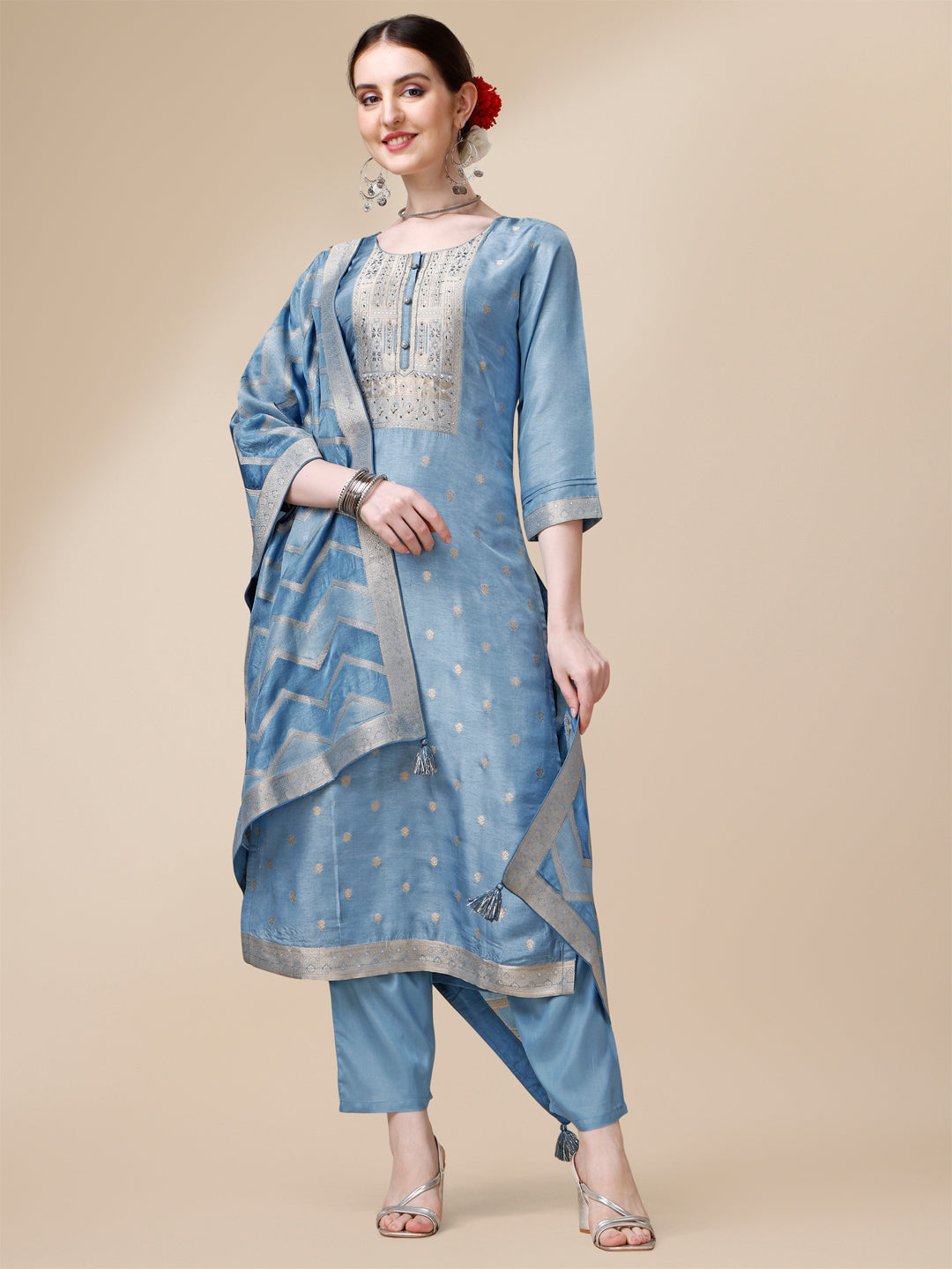 Blue Jackquard Kurta Suit Set with Rangkat Dupatta Product vendor