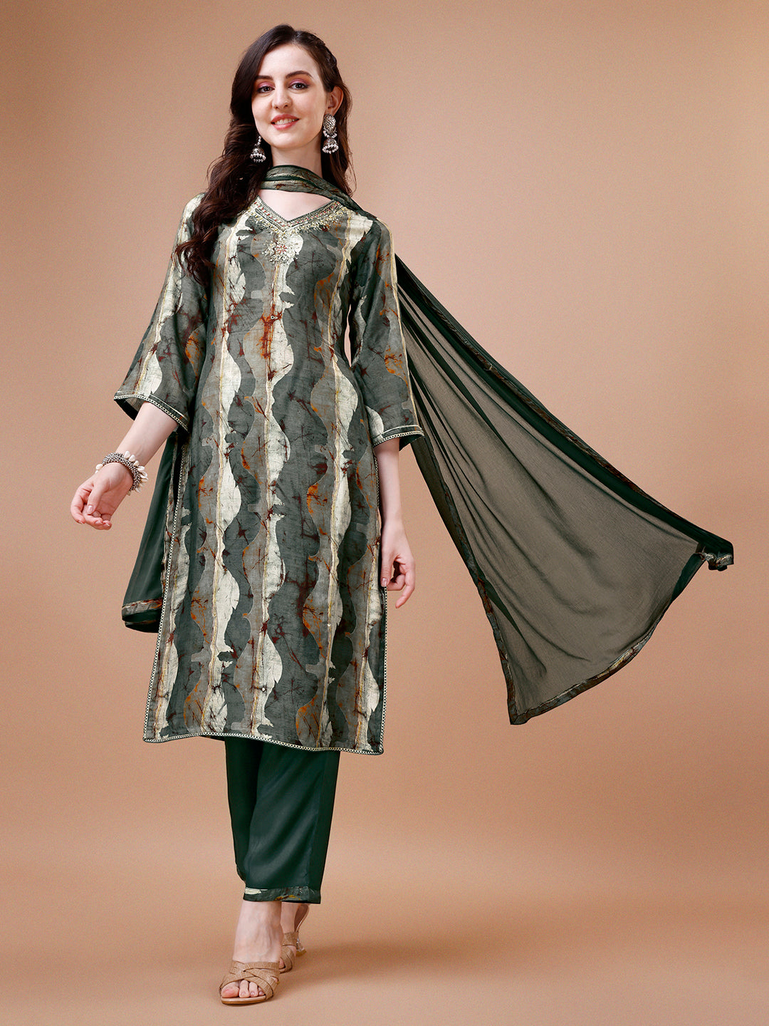Dark Olive Abstract Print Kurta Suit Set Product vendor
