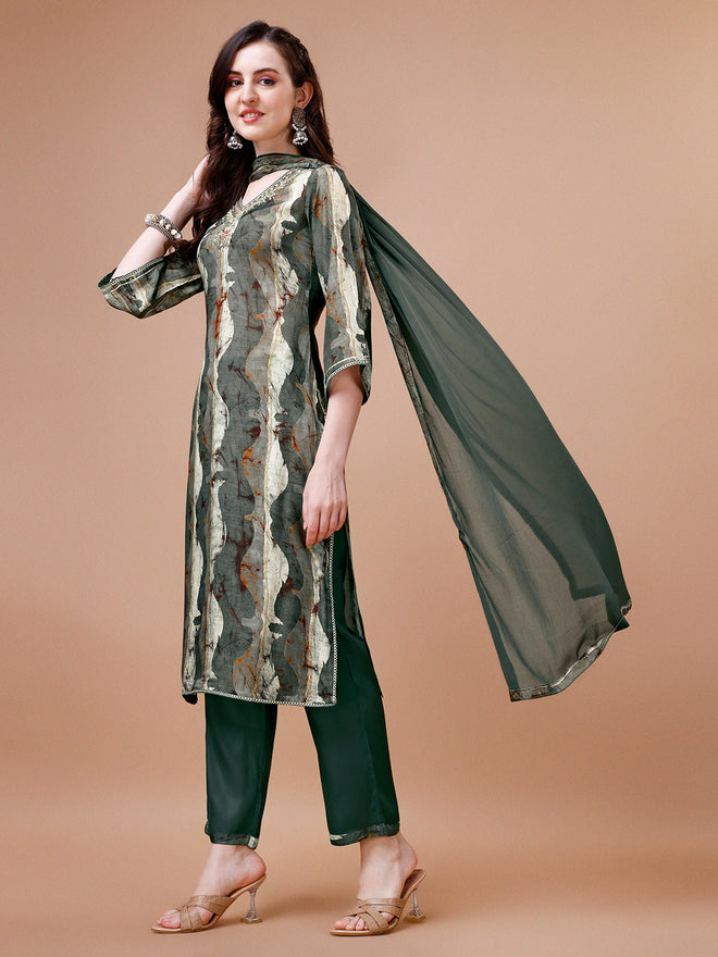 Dark Olive Abstract Print Kurta Suit Set Product vendor
