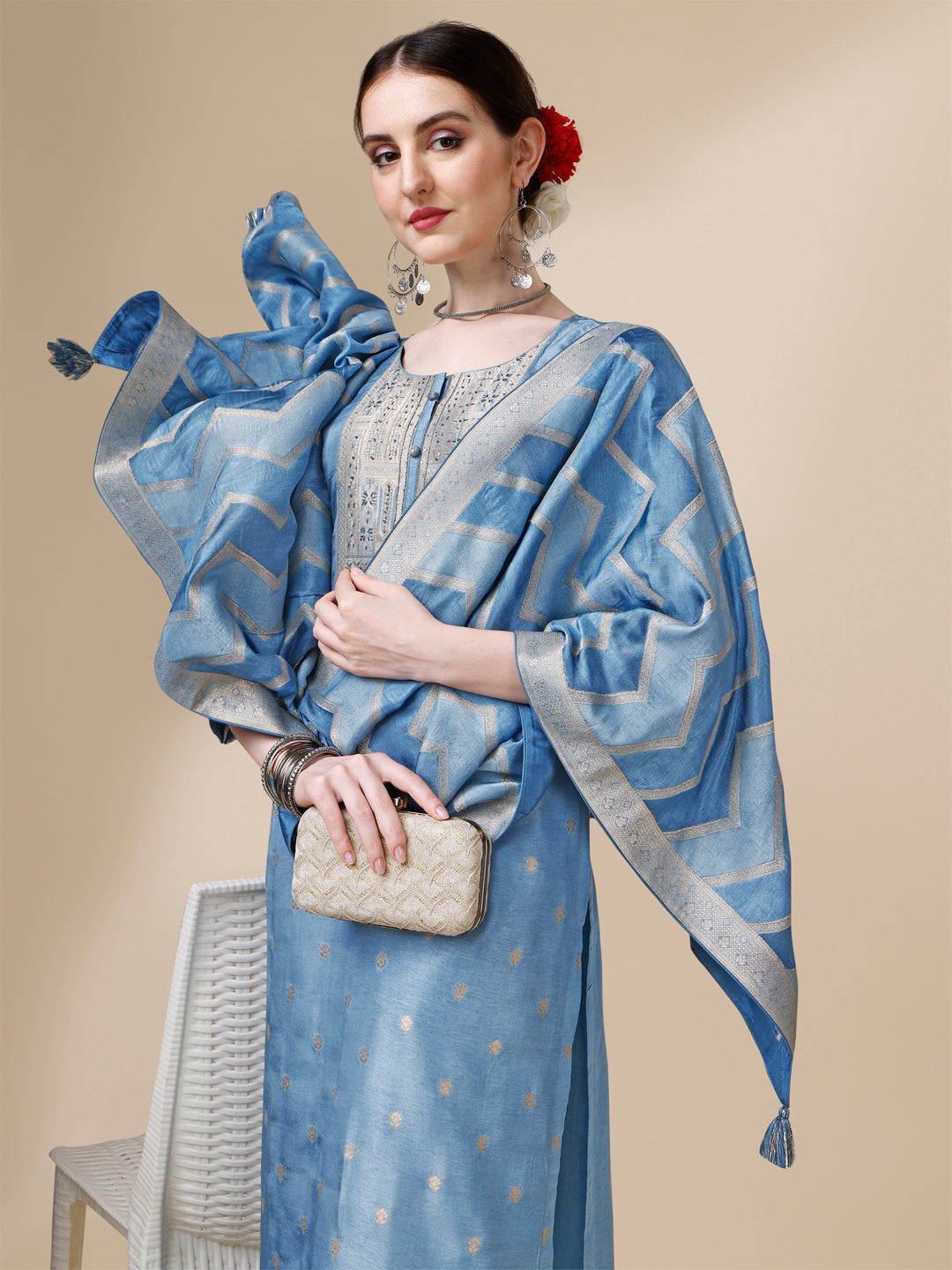 Blue Jackquard Kurta Suit Set with Rangkat Dupatta Product vendor