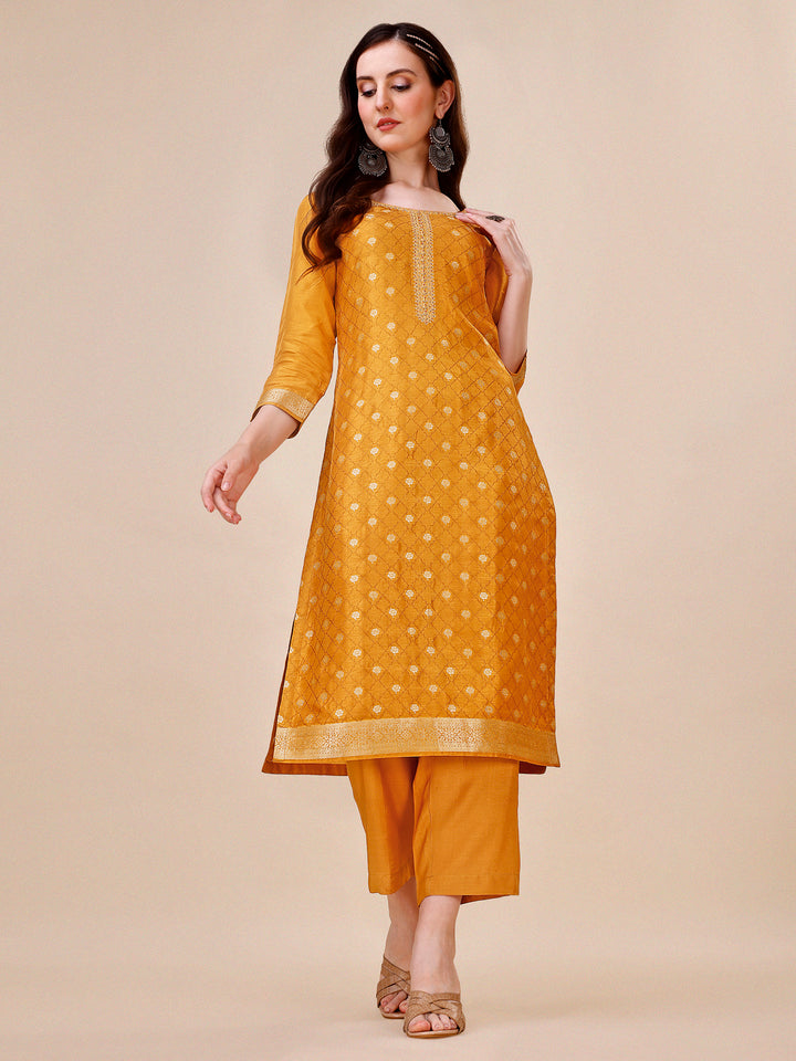 Mustard Jacquard Kurta Suit Set with Bandhani Printed Dupatta Product vendor