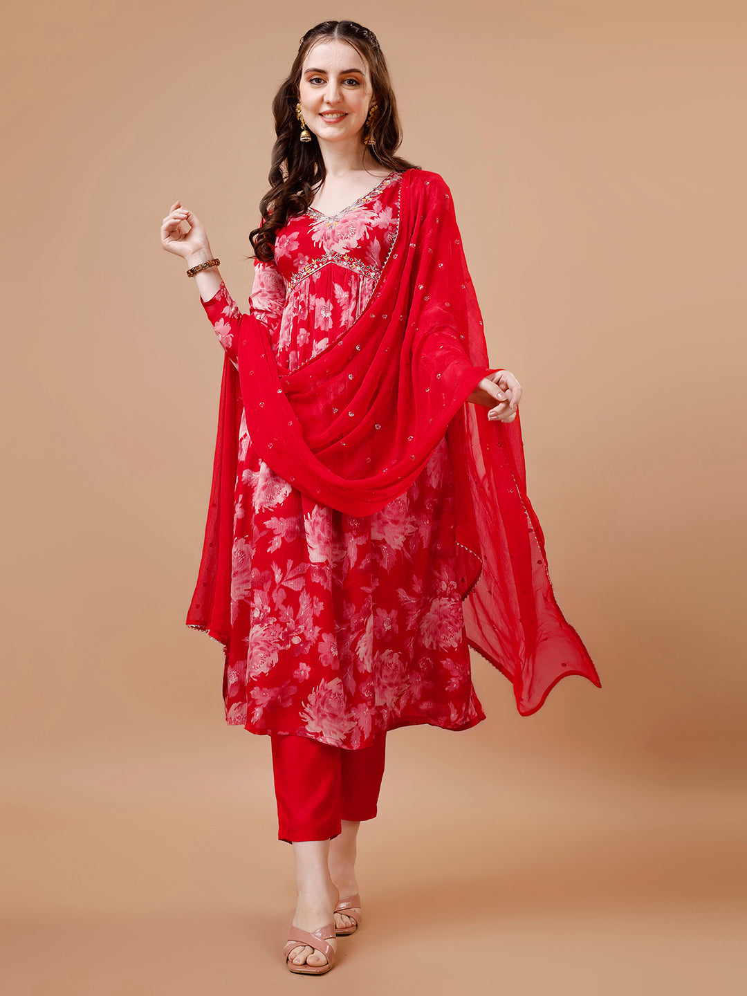 red alia cut dress Outstanding Red Color Base Nyra Cut with Alia Cut Anarkali in Soft Geo Queenchoice India