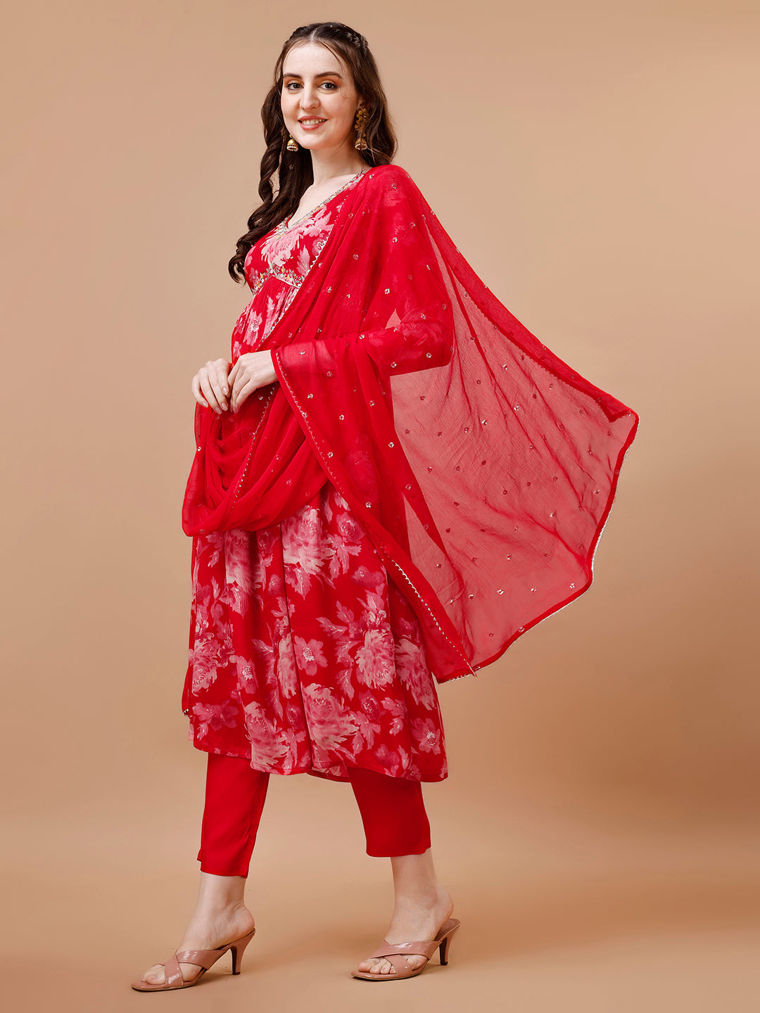 Red Printed Alia Cut Kurta Suit Set Product vendor