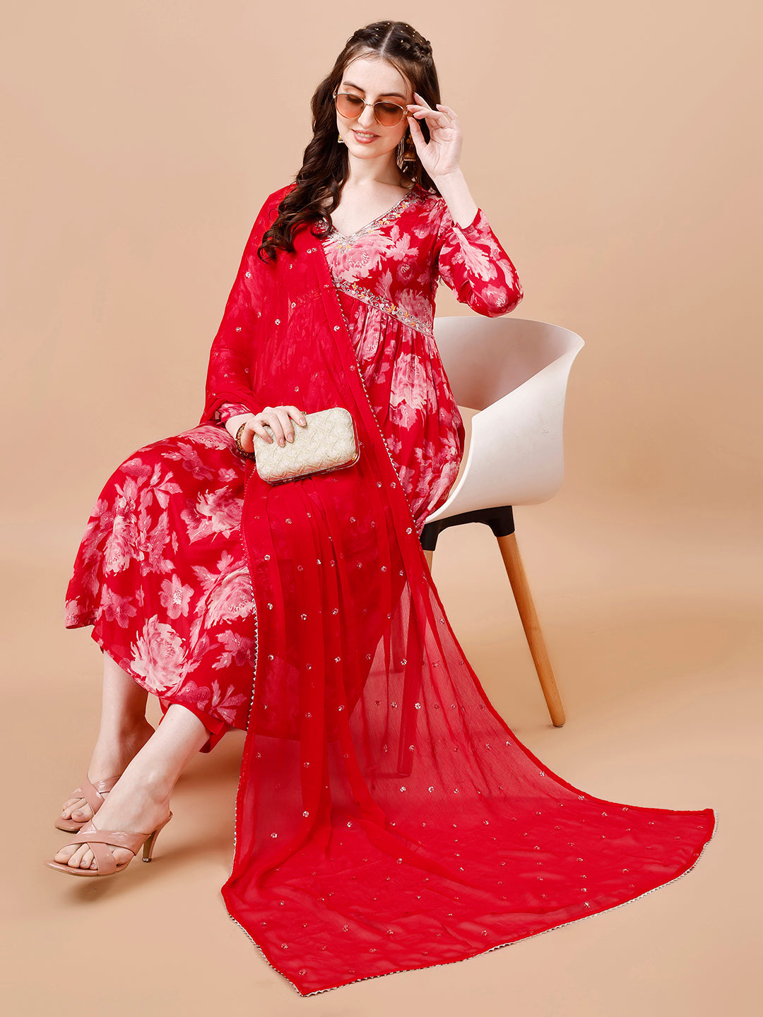 Red Printed Alia Cut Kurta Suit Set Product vendor