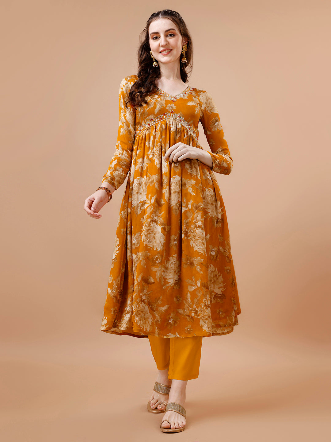 Mustard Yellow Printed Alia Cut Kurta Suit Set Product vendor