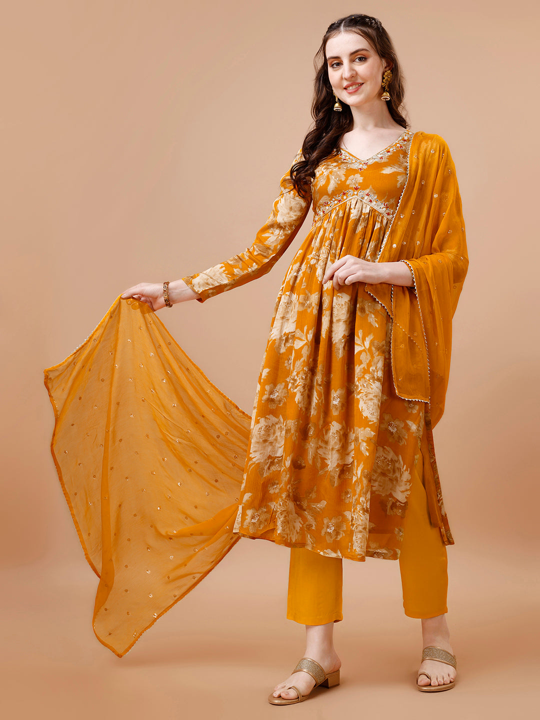 Mustard Yellow Printed Alia Cut Kurta Suit Set Product vendor