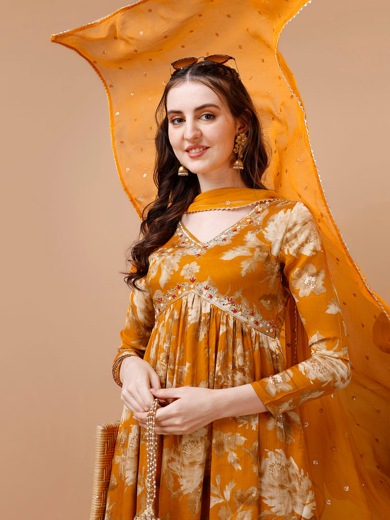 Mustard Yellow Printed Alia Cut Kurta Suit Set – Seerat Ethnic