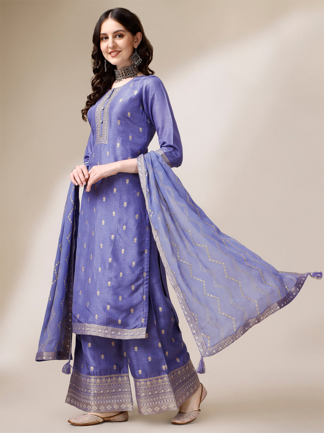 Lavender Textured Jacquard Pallazo Suit Set Product vendor