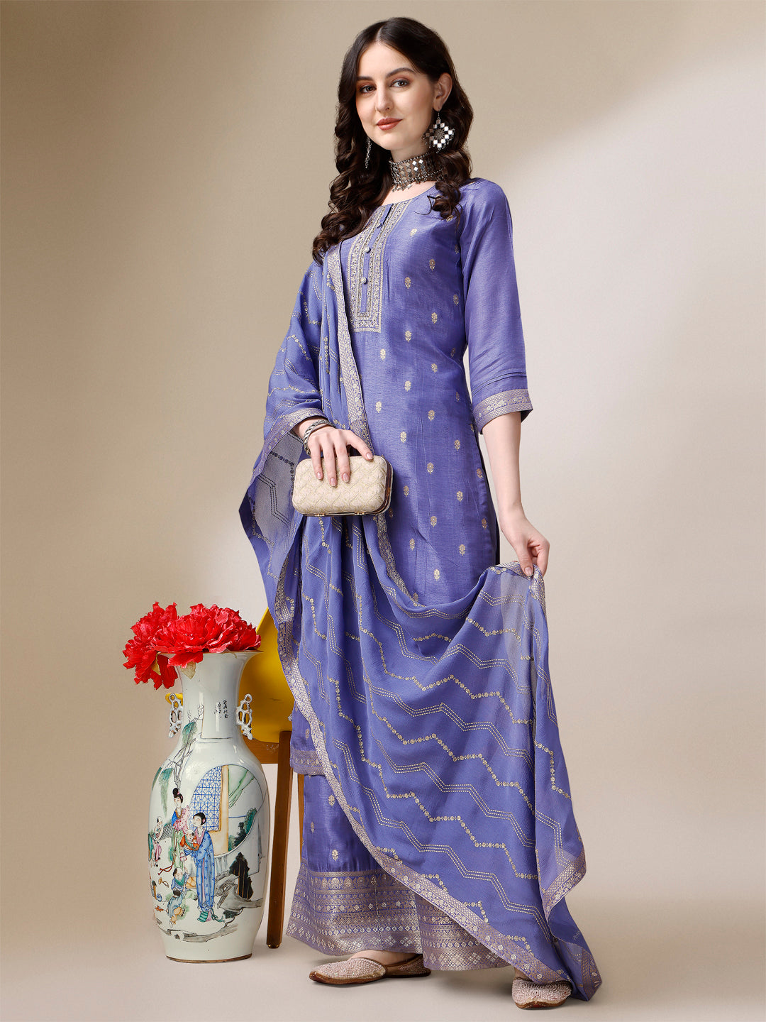 Lavender Textured Jacquard Pallazo Suit Set Product vendor