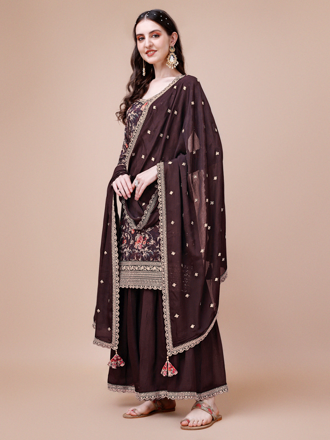 Brown Printed with Embroidered Sharara Suit Set Product vendor