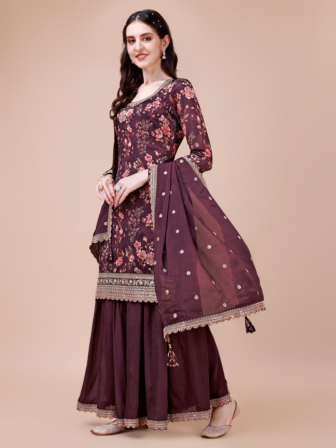 Wine Printed with Embroidered Sharara Suit Set Product vendor