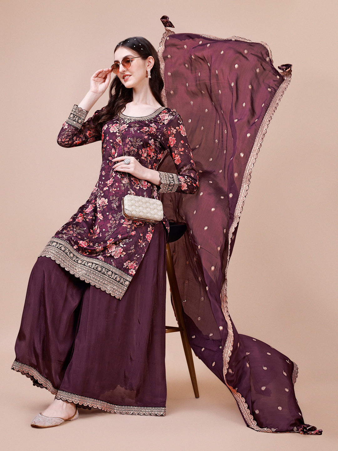 Wine Printed with Embroidered Sharara Suit Set Product vendor