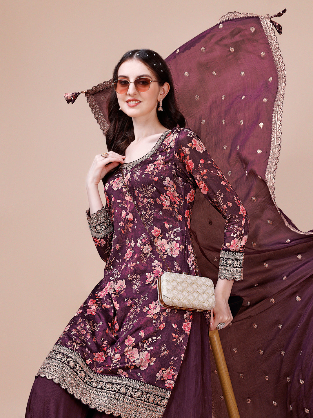 Wine Printed with Embroidered Sharara Suit Set Product vendor