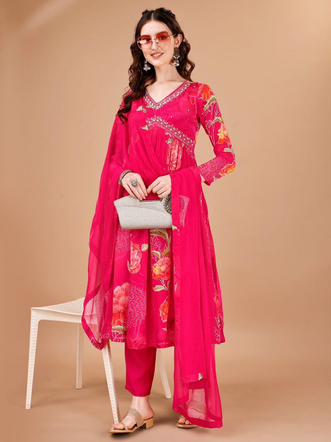 Magenta Printed Alia Cut Kurta Suit Set Product vendor
