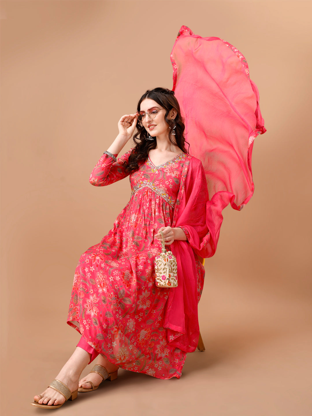 Pink Floral Printed Alia Cut Kurta Suit Set Product vendor