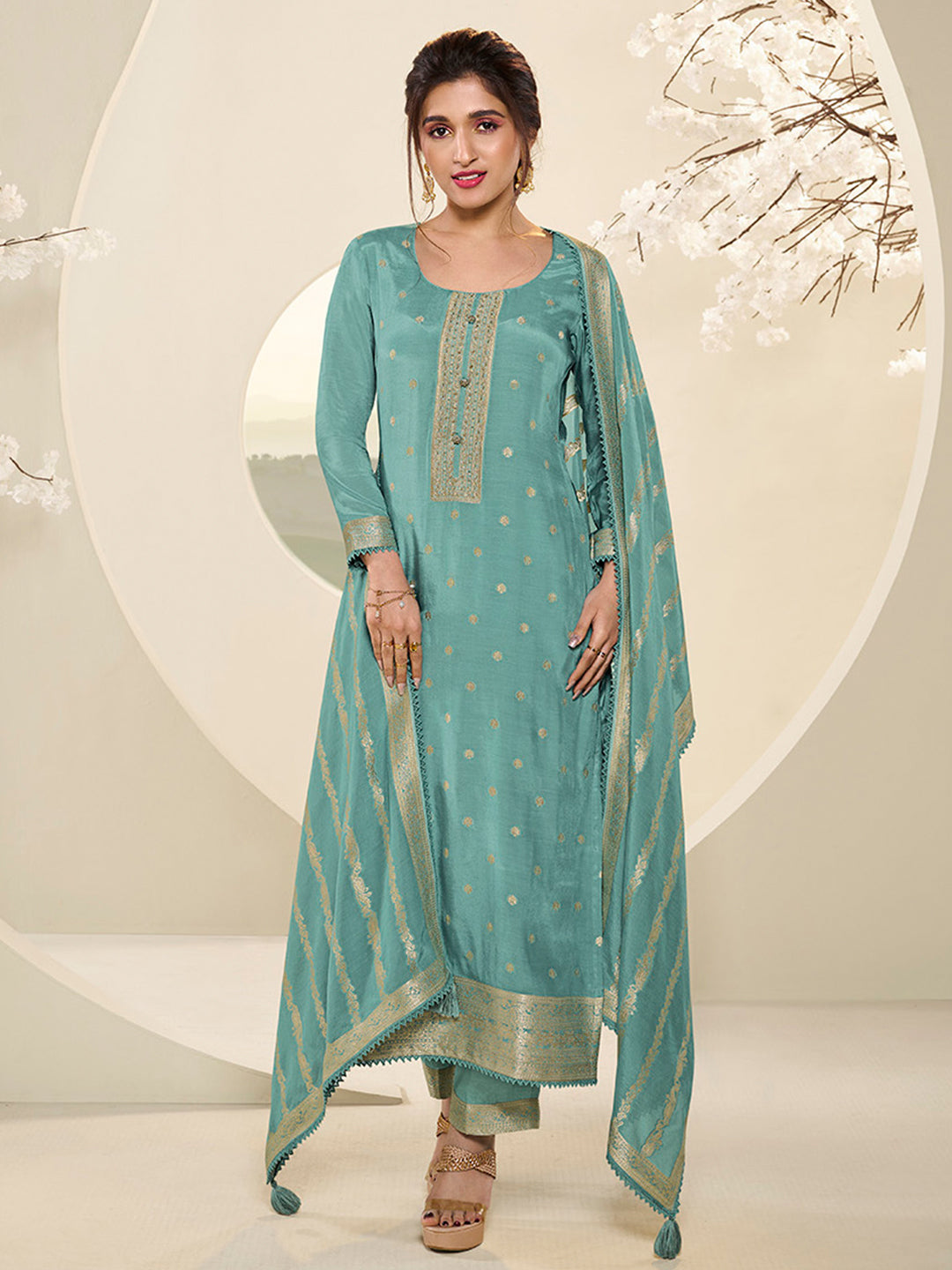 Sea Green Muslin Jacquard Kurta Suit Set with Champagne Thread Weave & Pencil Sketch Weave Yoke Product vendor