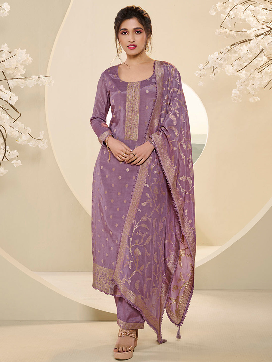 Wisteris Purple Muslin Jacquard Kurta Suit Set with Champagne Thread Weave & Pencil Sketch Weave Yoke Product vendor