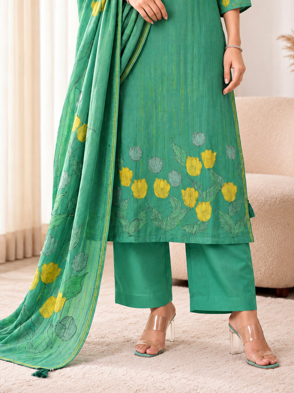 Emerald Light Green Silk Blend Kurta Set with Floral Dupatta