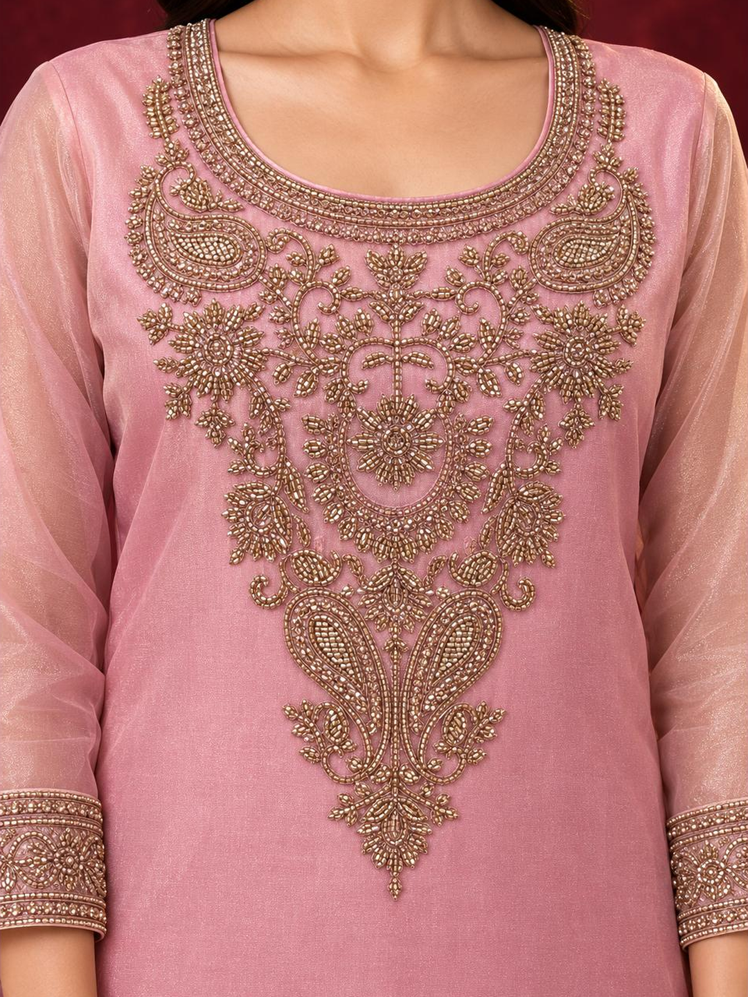 Dusty Pink Embroidered Pure Silk Palazzo Suit Set