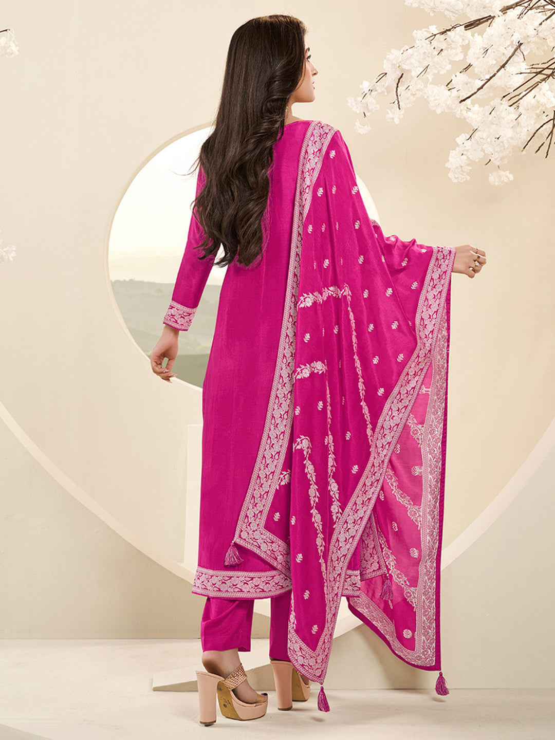 Muslin Jacquard Kurta Suit Set with White Thread Weave with Handcrafted Buttons Product vendor