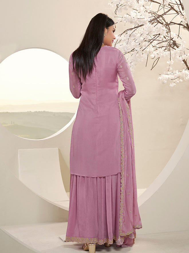 Pink Floral Pattern, Thread   with Sequins & Zari Embroidered Sharara Suit Set Product vendor