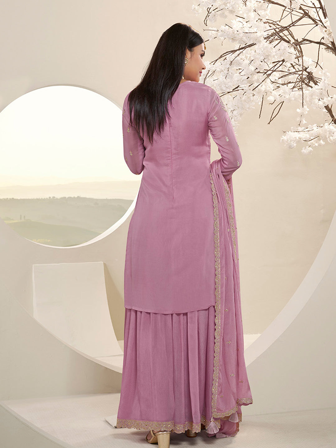Pink Floral Pattern, Thread   with Sequins & Zari Embroidered Sharara Suit Set Product vendor