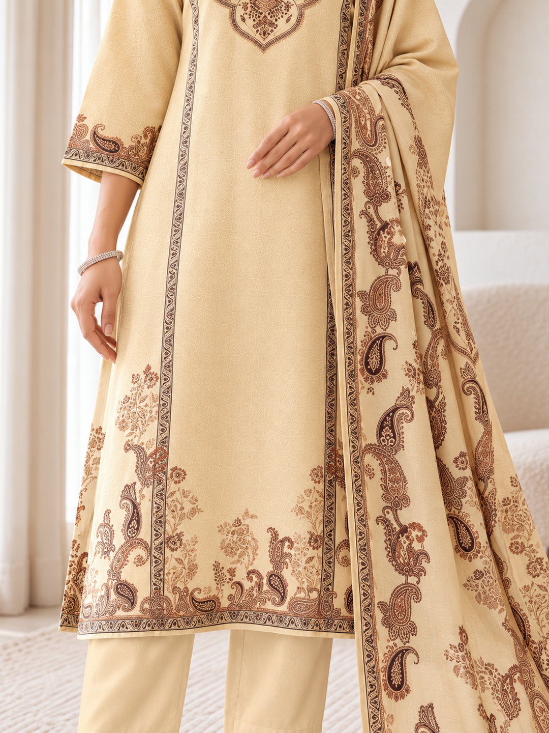 Ivory Silk Blend Printed Kurta Pant Set with Dupatta