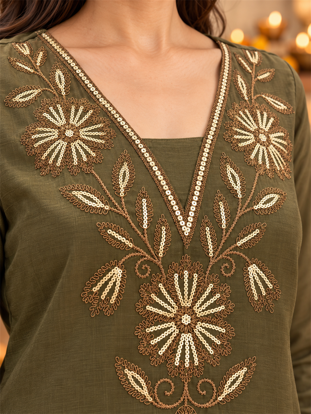 Olive Green Mul Chanderi Embroidered Kurta Palazzo Set